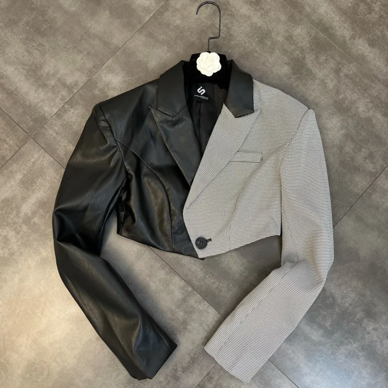 

PREPOMP 2022 Весна новое поступление длинный рукав отложной воротник одна пуговица ПУ Черный Серый лоскутный тонкий короткий Блейзер GD861