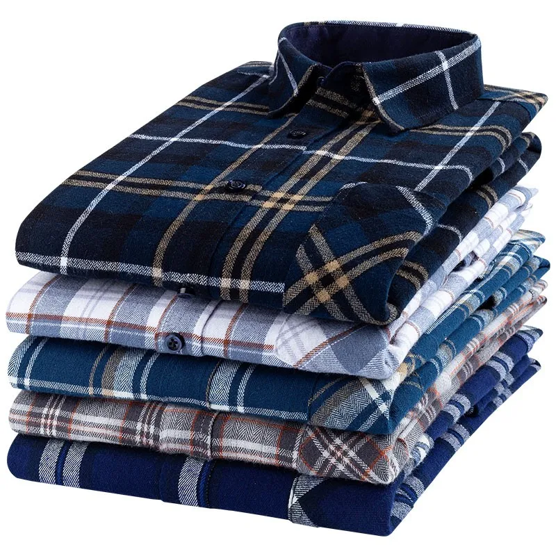 

New Spring Autumn 100% Cotton Flannel Plaid Mens Shirts Casual Long Sleeve Regular Fit Home Dress Shirts For Man Clothes 6XL 5XL
