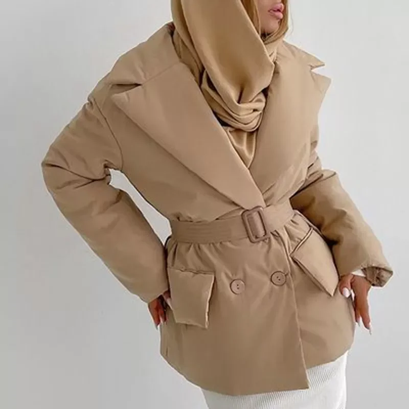 New2022 Simple Pockets Parkas Women Fashion Double Breasted Coats Women Solid Tie Belt Notched Cotton Jackets Ladies