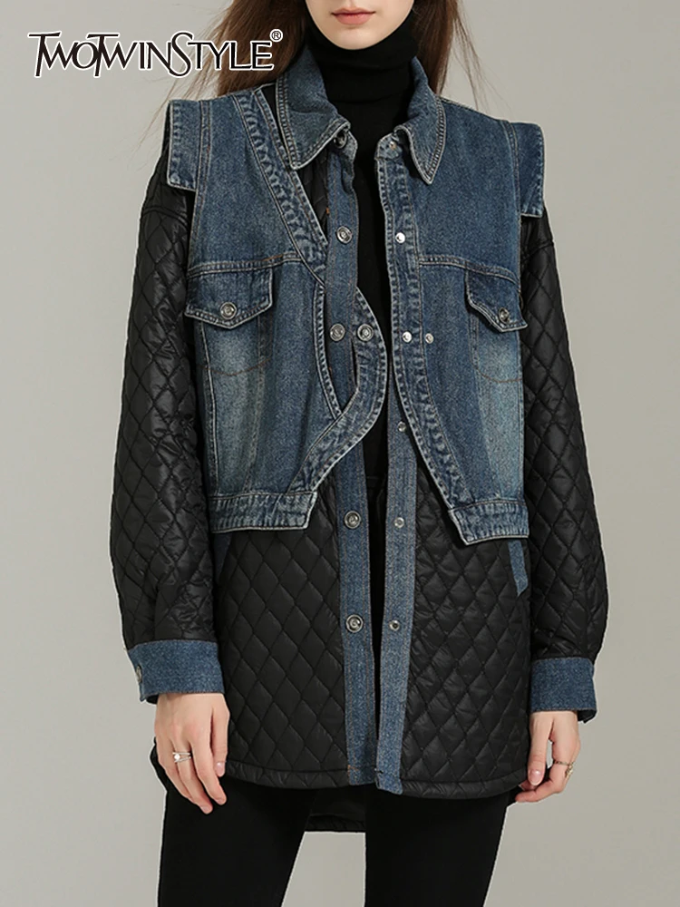 

Женское джинсовое пальто TWOTWINSTYLE, повседневное однобортное пальто с длинным рукавом и лацканами, с цветными вставками