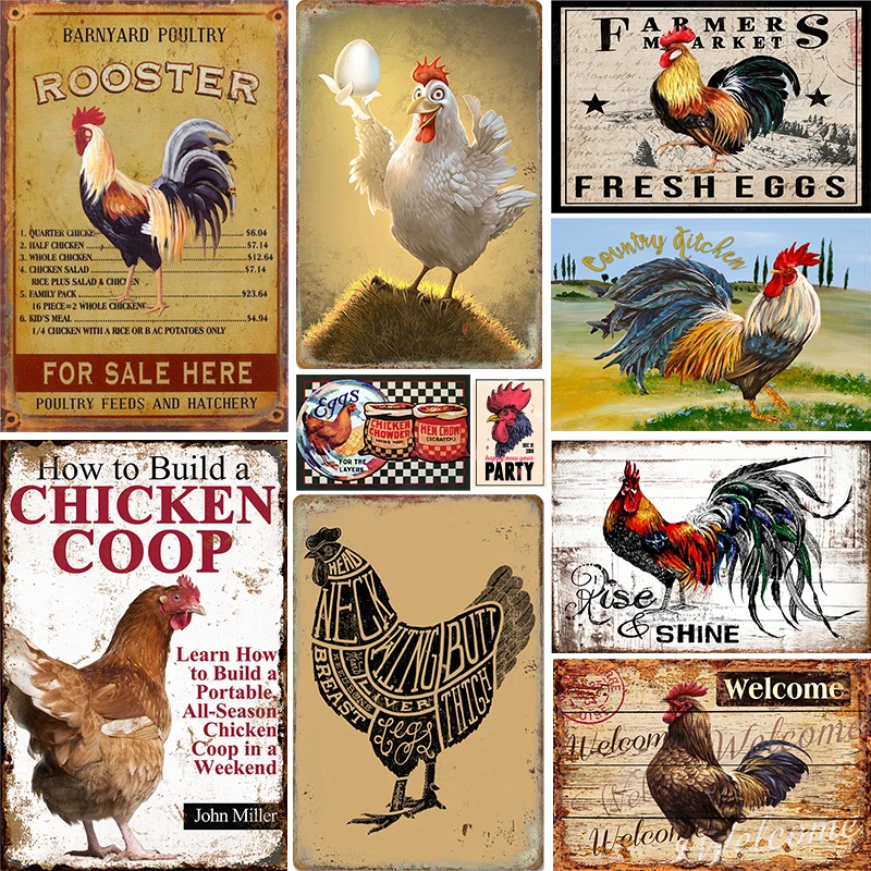 

Chicken Rooster Hen Coop Egg Retro Vintage Metal Plate Decoration Wall Home Decor Tin Metal Sign Poster For Farmer New Year