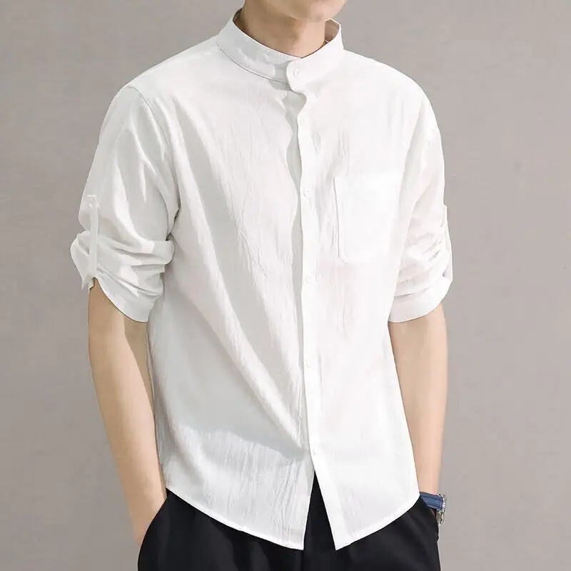 Cotton Linen Hot Sale Men's Short-Sleeved Shirts Summer Solid Color Stand-Up Collar Casual Beach Style  5XL E65
