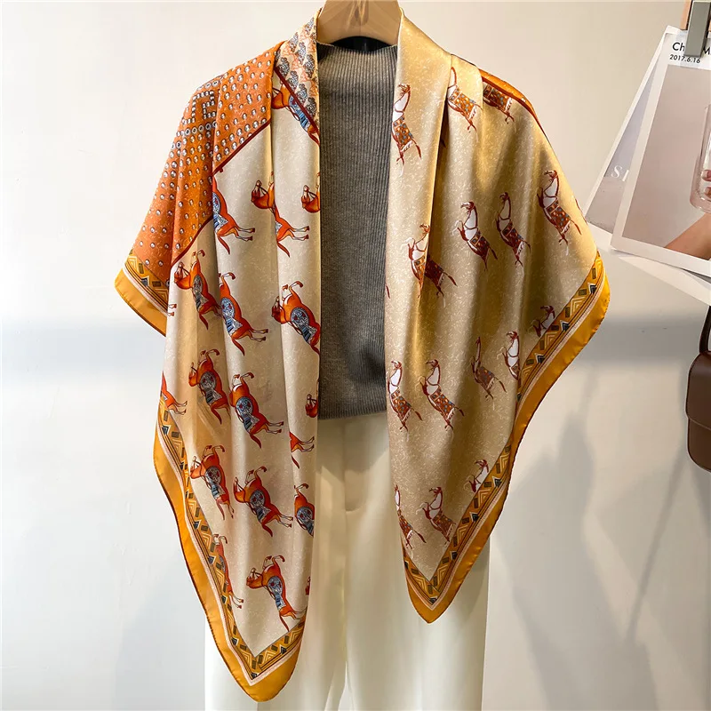 

Роскошный шелковый квадратный шарф с принтом лошадей, Женская атласная шаль, дизайнерская женская пляжная шаль, шарфы, модный гладкий платок, Женский хиджаб