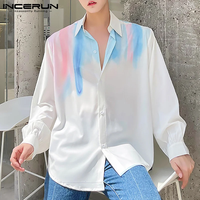 

INCERUN Fashion Men Shirt Tie Dye Gradient Lapel Long Sleeve Korean Casual Men Clothing 2022 Loose Streetwear Leisure Camisas