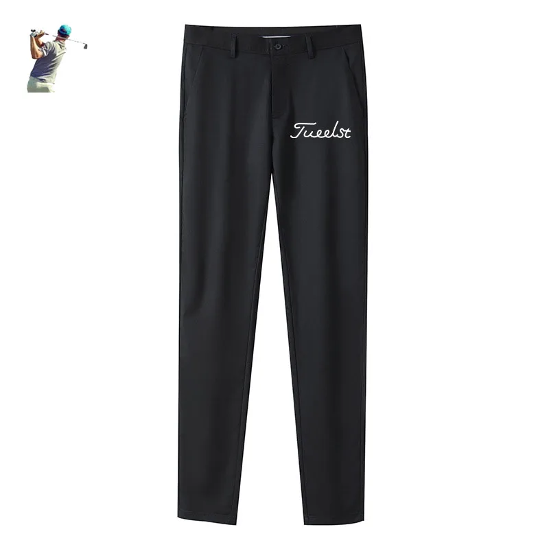 

Men White Golf Casual Pants Cotton Slim Fit Elastic Waist Drawstring Trousers