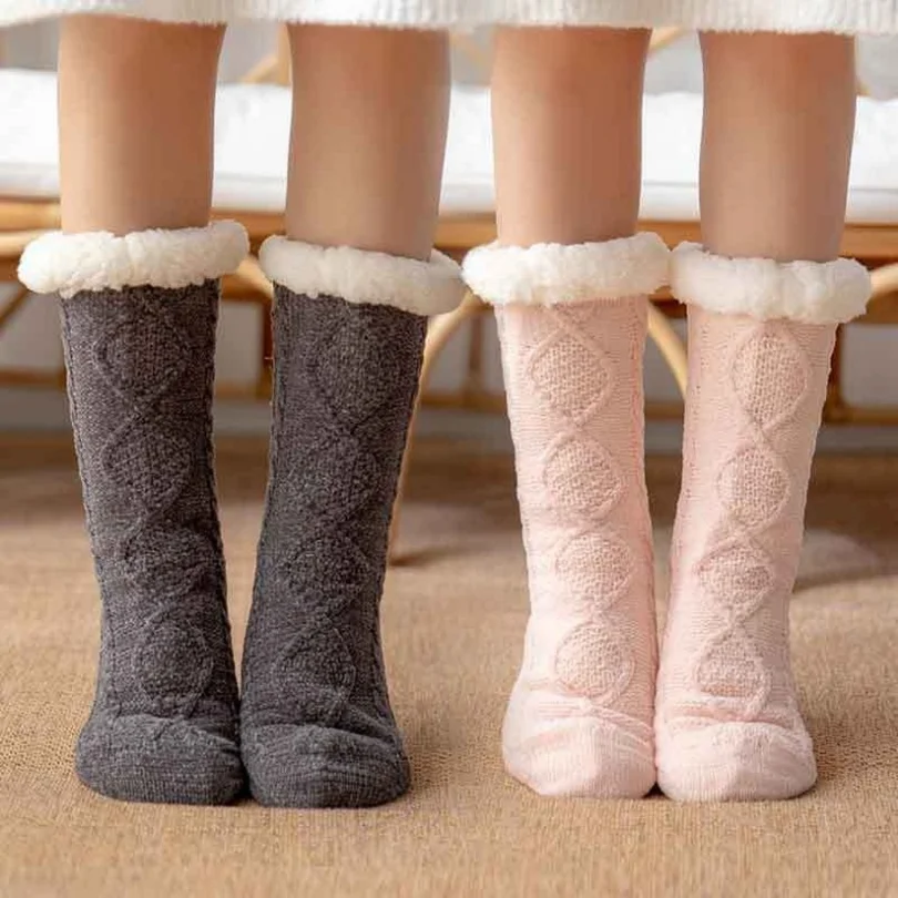 Fuzzy Sock Womens Winter Warm Plush Female Non Slip Anti Skid Grip Sleeping Floor Slippers Short Thermal Fluffy Sock Ladies