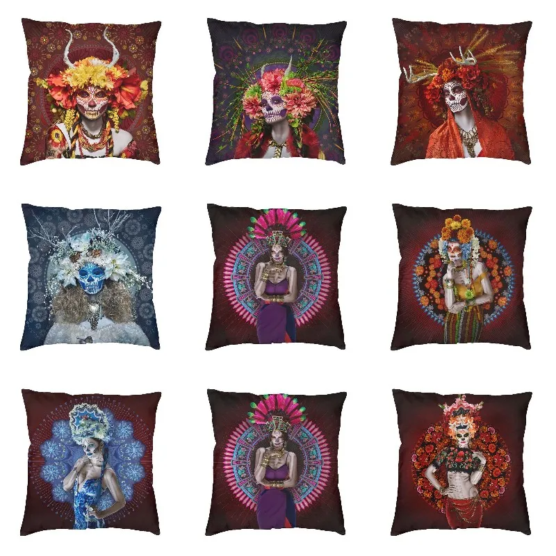 

Mexican Flowers Lady Halloween Cushion Cover Sofa Living Room Day Of The Dead Sugar Skull Throw Pillow Cover Square Pillowcase