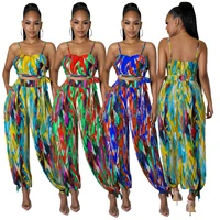 summer fashion sexy suspender wrap chest open waist short top lantern pants color printed womens two piece pullover set