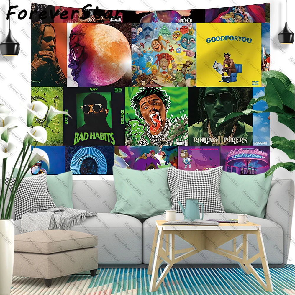 

ForeverStar Rappers Album Cover Collage 3D Boutique Tapestries Pop Artwork Wall Hanging Fabric Blanket For Bedroom Living Room