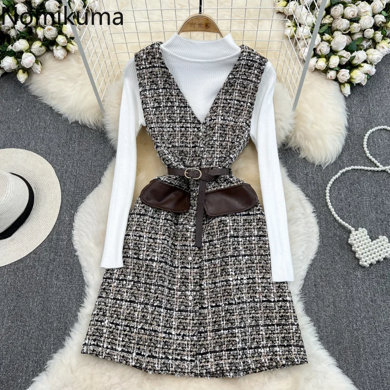 

Комплект юбки Nomikuma, Осень-зима, клетчатая туника с тонкой талией, трикотажные шикарные женские наборы, Элегантный Модный комплект для женщи...
