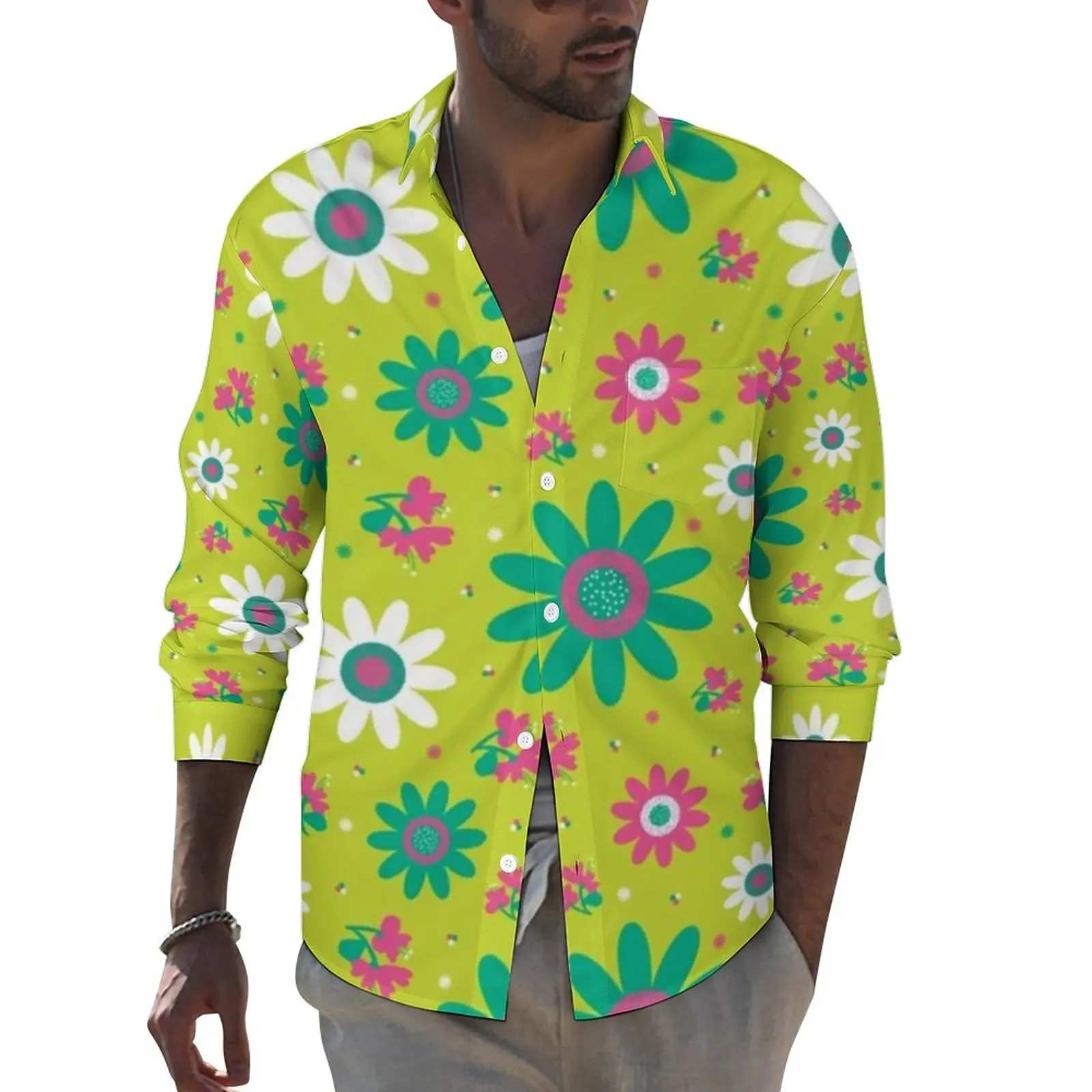 

Retro Peace 60s Casual Shirts Man Sunflower Floral Print Shirt Long Sleeve Fashion Y2K Blouses Spring Graphic Tops Plus Size