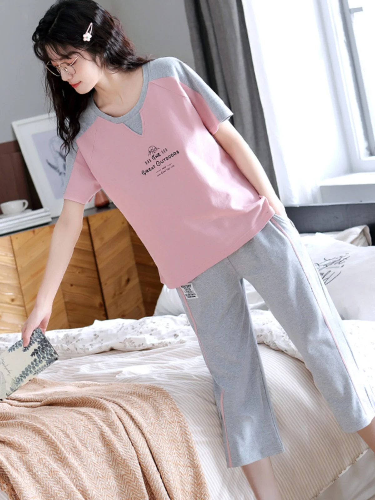 Summer 2025 New Arrival Pajamas Women's Pure Cotton Short-Sleeved Cropped Pants Thin Casual Suitable for Daily Wear Ho... |