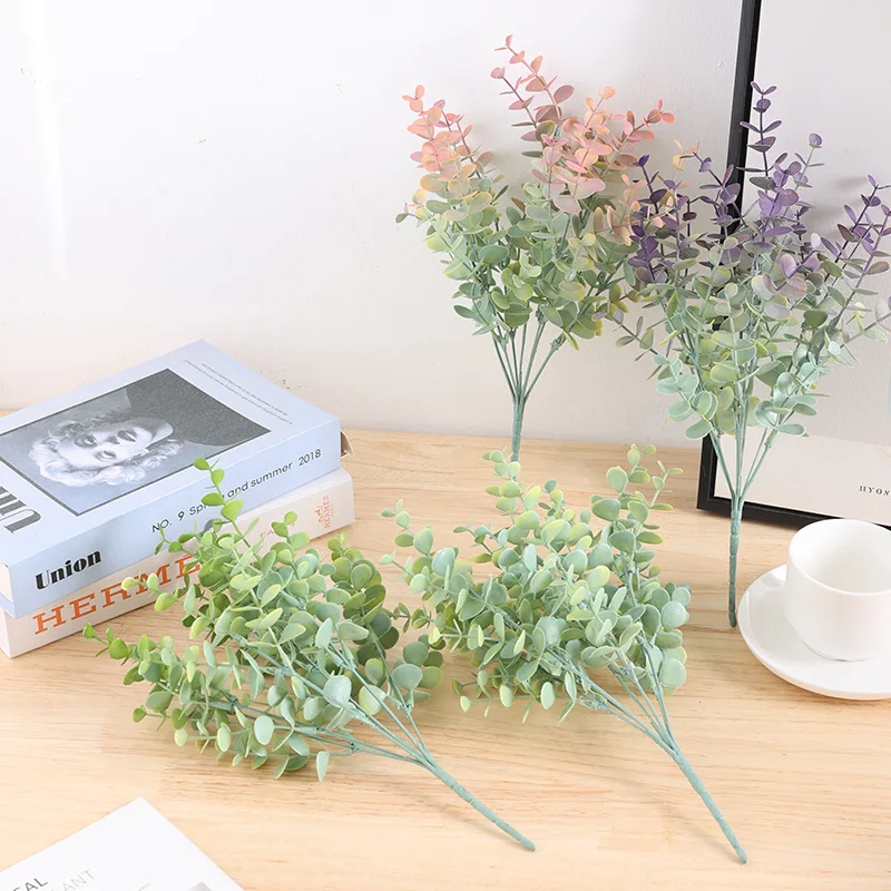 

37cm 7Forks Artificial Colorful Eucalyptus Leaves Green Stems Eucalyptus Fake Money Leaf Plant Home Room Table Decor Plastic Pla