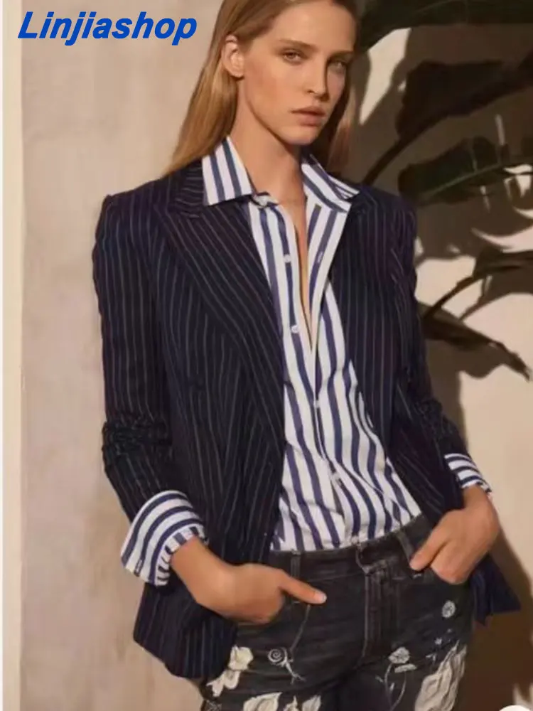 

Женский модный двубортный блейзер в полоску, облегающие повседневные женские шикарные костюмы с длинным рукавом и карманами, 2022