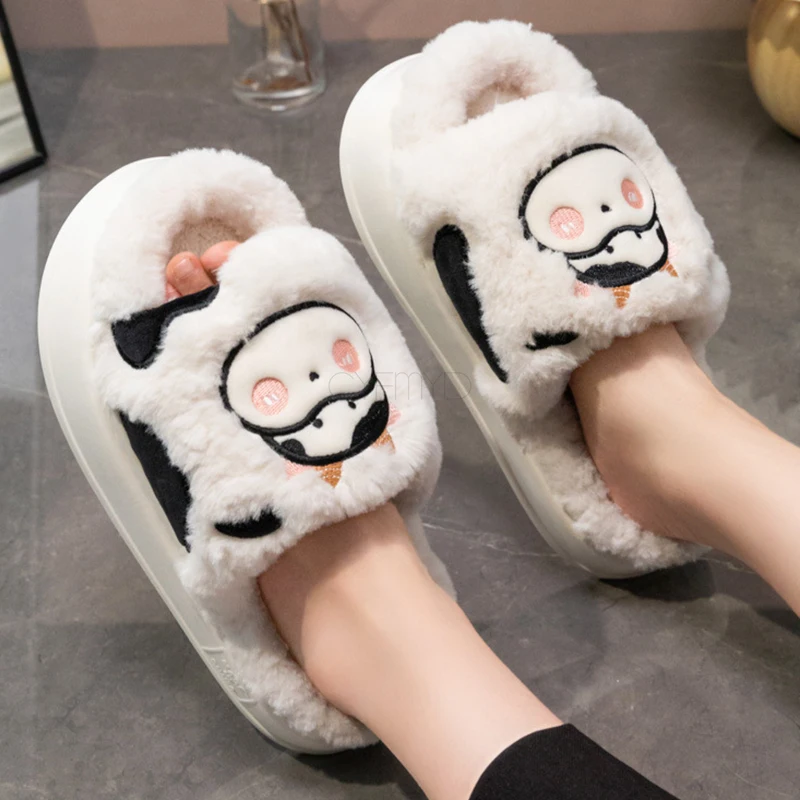 Women slippers Home Lovely Cartoon Cow Platform Soft Slippers for Women Winter Furry Female Indoor Slides Breathable House Shoes