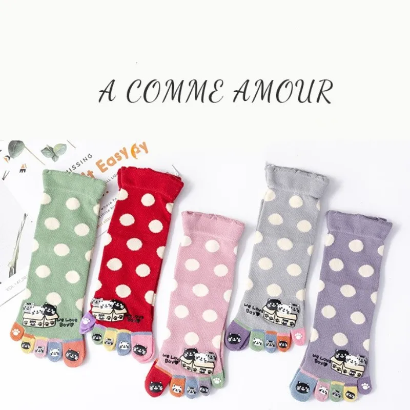 Separate Fingers Socks For Women Cute Things Cats New Autumn Winter Wide Loose Medium Tube Socks Dots Printed