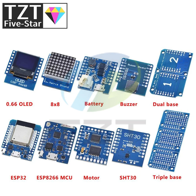 Фото Esp8266 D1 Mini Pro Wi-Fi Nodemcu Data Logger Shield Ds1307 Батарея 0,66 Oled DC Power Buzzer V1.0.0 Двойная база для Wemos Diy Kit №1
