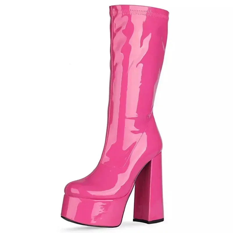 

OLOMLB INS Brand Luxury Designer Platform Block High Heels Patent Leather Mid Calf Boots Candy Color Zipper Goth Big Size 43