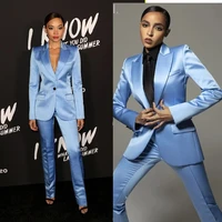 bright blue women suits 2 pieces one button tailored satin fashion sexy slim fit formal real image coat pants causal prom