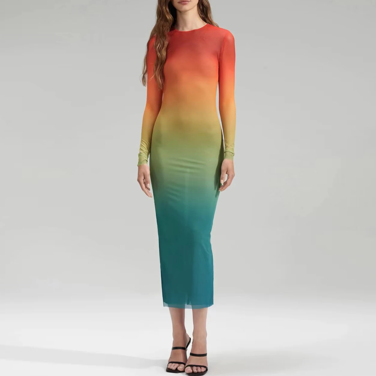 2023 new Women Gradient slim midi dress o-neck long sleeve fashion sexy long  dress