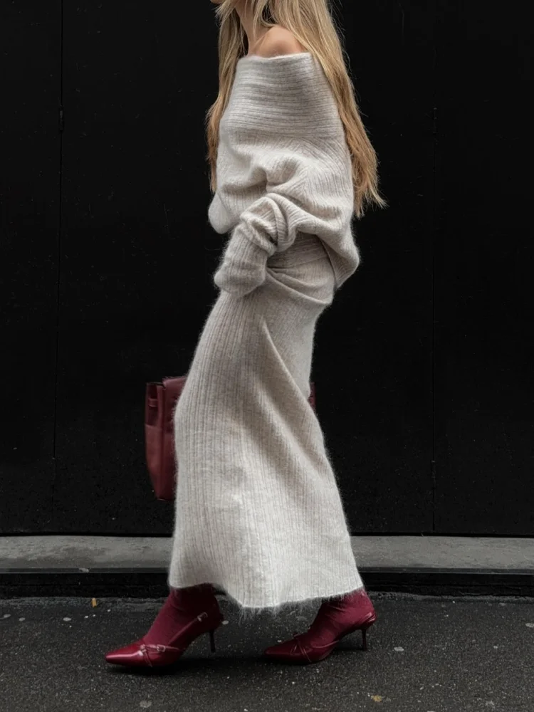 Элегантный однотонный костюм-свитер с длинными рукавами модная трикотажная юбка