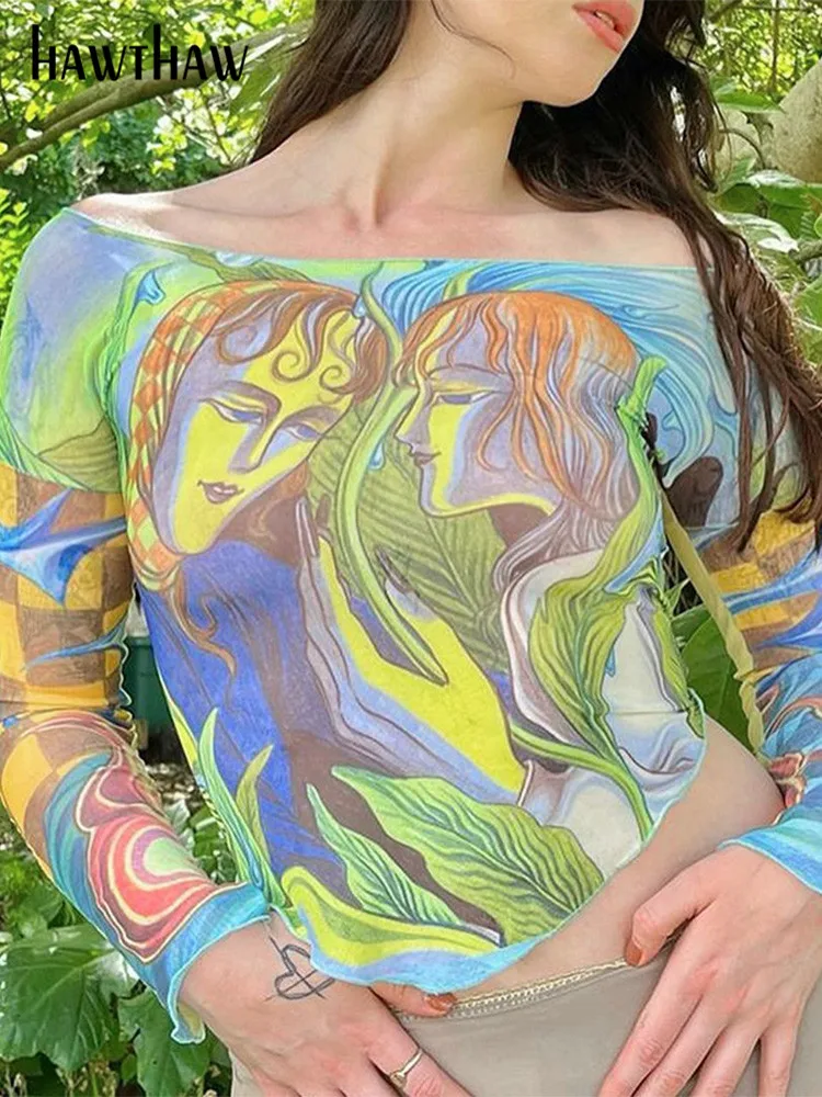 

Hawthaw Women Long Sleeve Mesh See Through Graphic Streetwear T Shirts Tops Tee 2022 Autumn Clothes Wholesale Items For Business