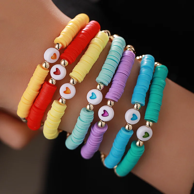 

7Pcs Bohemian Soft Clay Bracelets Colorful Love Beaded Bracelets for Women Summer Beach Jewelry Gifts