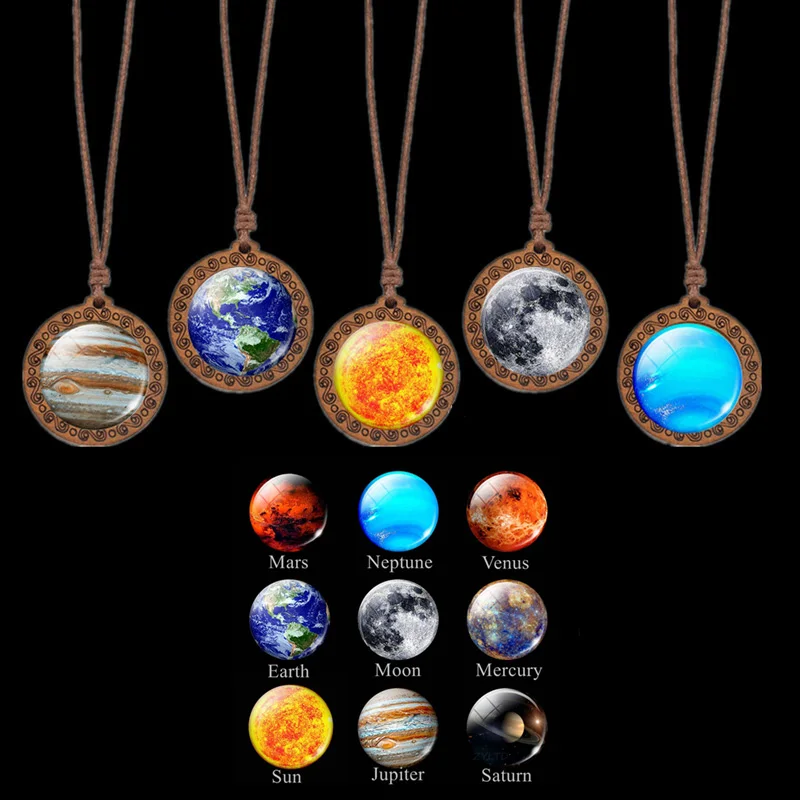 

European And American Personalized Solar System Galaxy Planet Eight Planets Necklace Vintage Wooden Pendant Rope Chain NC22Y0424