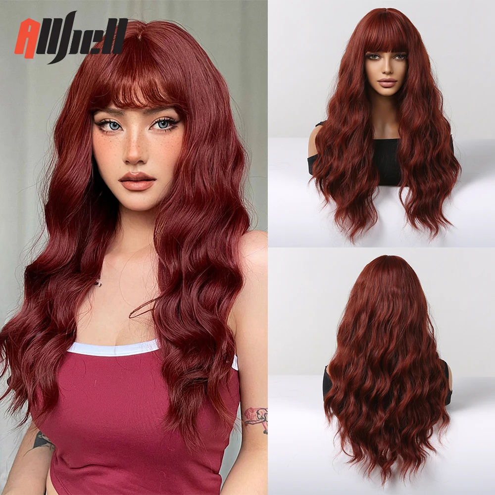 

Natural Red Synthetic Wigs with Bang Long Wavy Cosplay Party Hair Wig for Women Afro Heat Resistant Hairstyle Daily Use Wigs