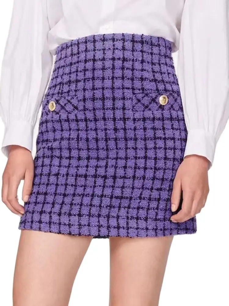 2022 Autumn Winter New SAND* Purple Tweed Plaid Skirt Women Elegant High Waist Ladies Slim Buttocks Short Mini A-line Skirts