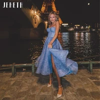 jeheth blue glitter a line short prom dresses 2022 strapless sweetheart neck side slit tea length cocktails evening party gowns