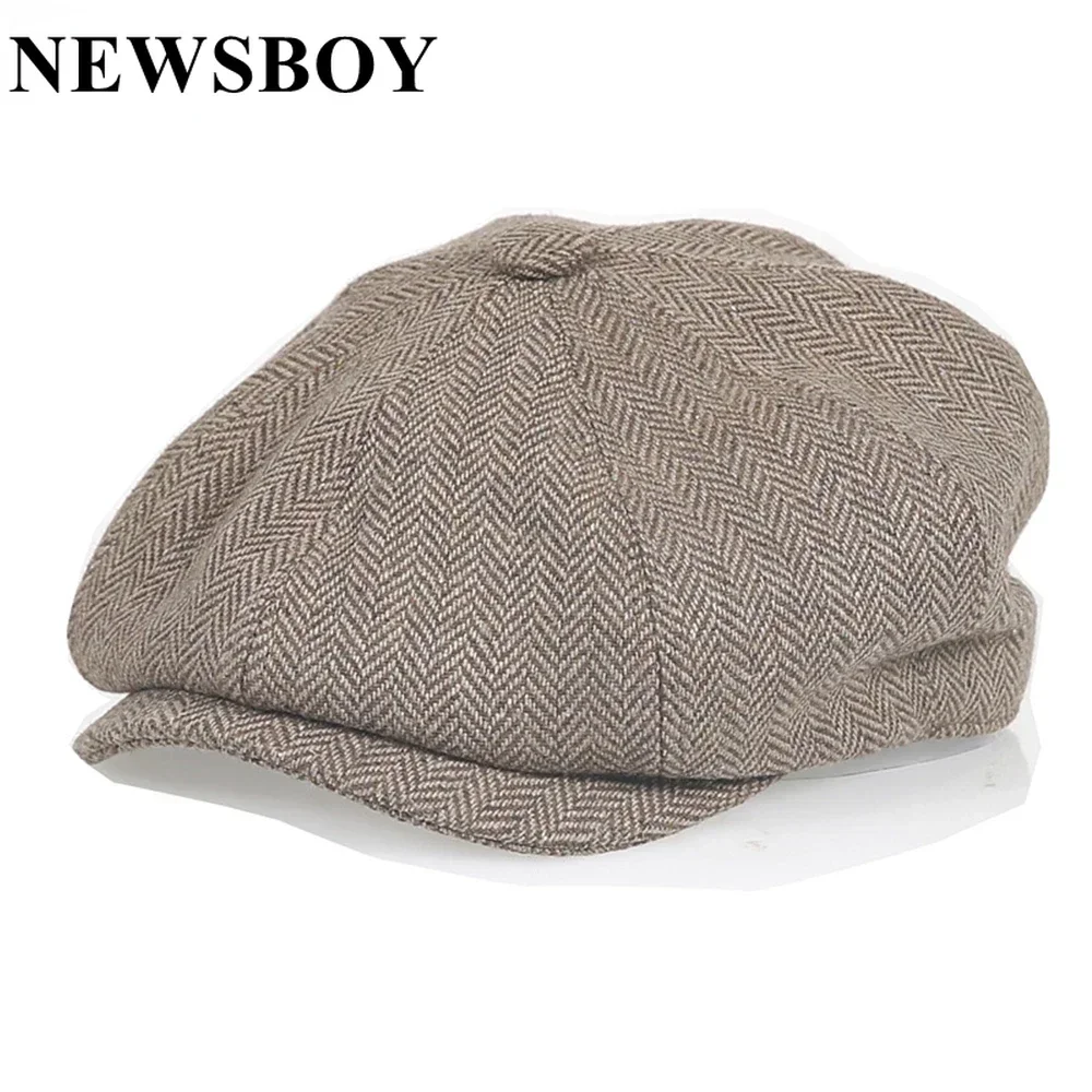 Фото Винтажная британская кепка-газетчица Navy NEWSBOY для мужчин, из смесовой шерсти с узором «елочка» цвета кэмел, осенне-зимняя классическая повседневная восьмиугольная кепка-берет №2