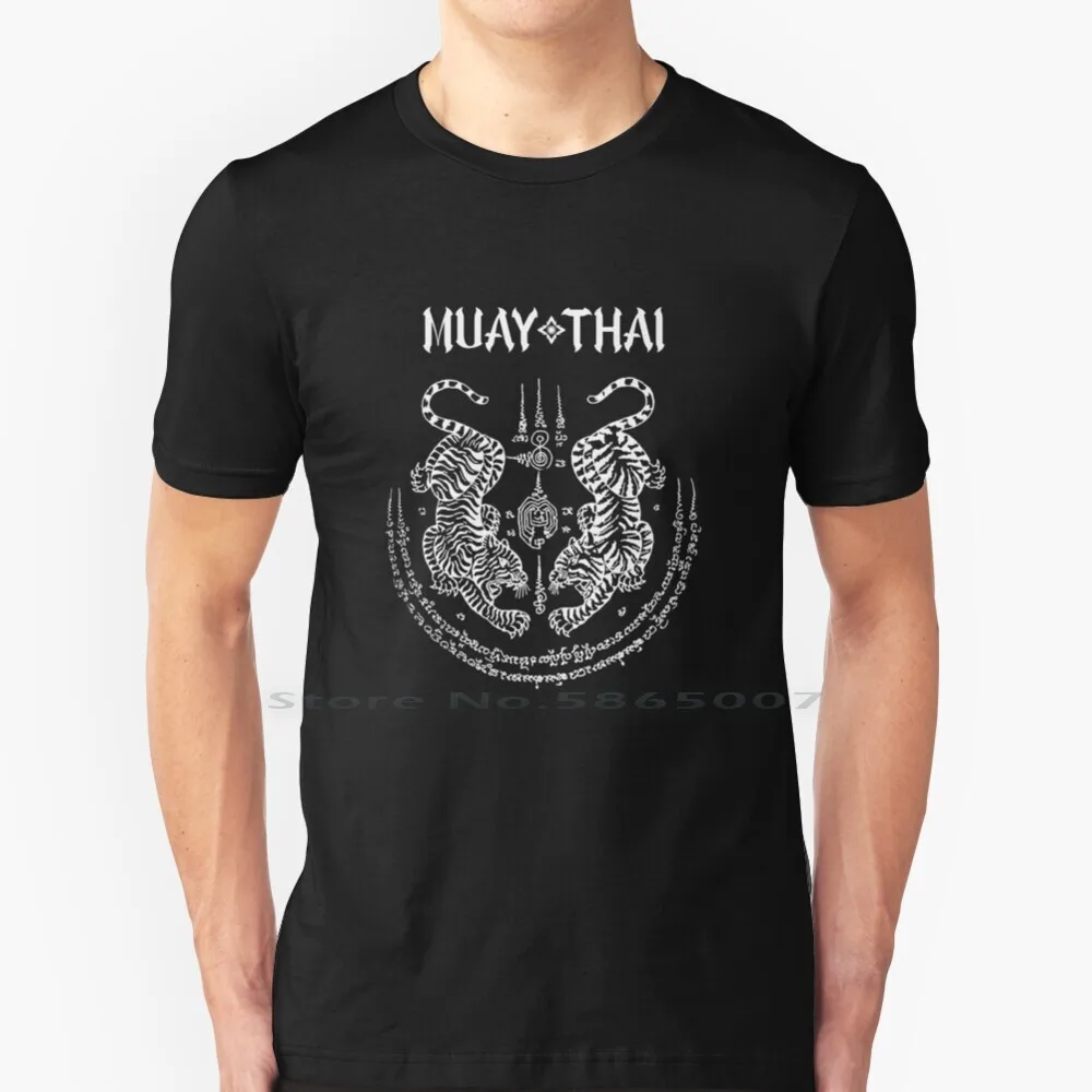 

Sak Yant-Muay Thai White T Shirt 100% Cotton Want Two Tiger Simbology Black White Muay Thai Logo Muay Thai Style Combat Muay