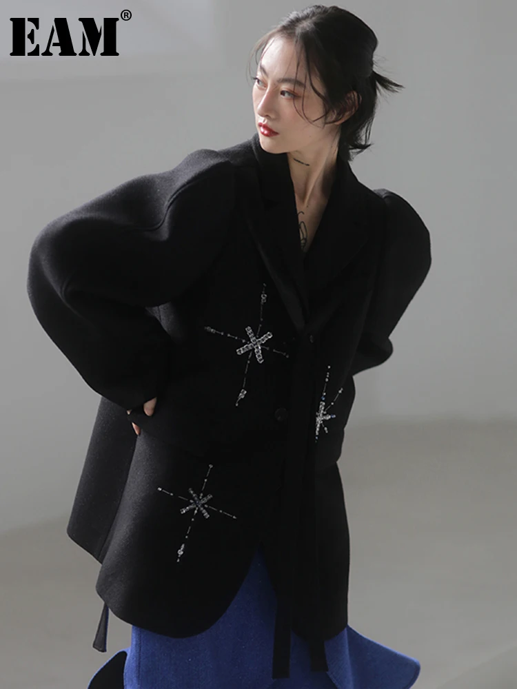 

[EAM] Loose Fit Black Nailed Big Size Shaped Woolen Coat Parkas New Long Sleeve Women Fashion Tide Autumn Winter 2023 1DE4848
