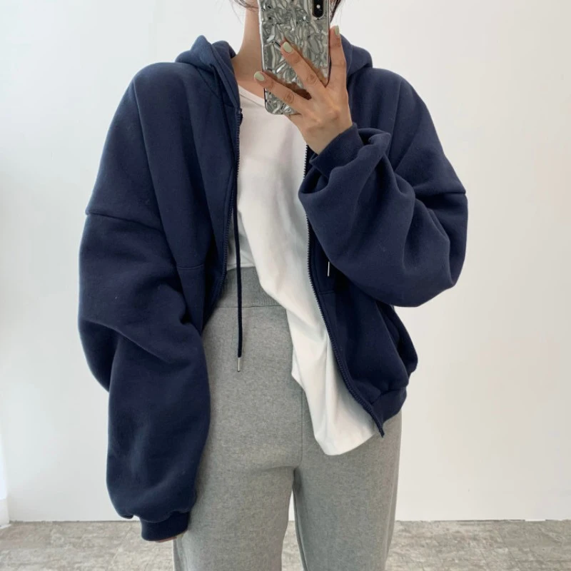 

Women Vintage Street Zipper Hoodie Cardigan Solid Color Long Sleeves Casual Fashion Baggy Ladies Sports Outerwear Tops Autumn