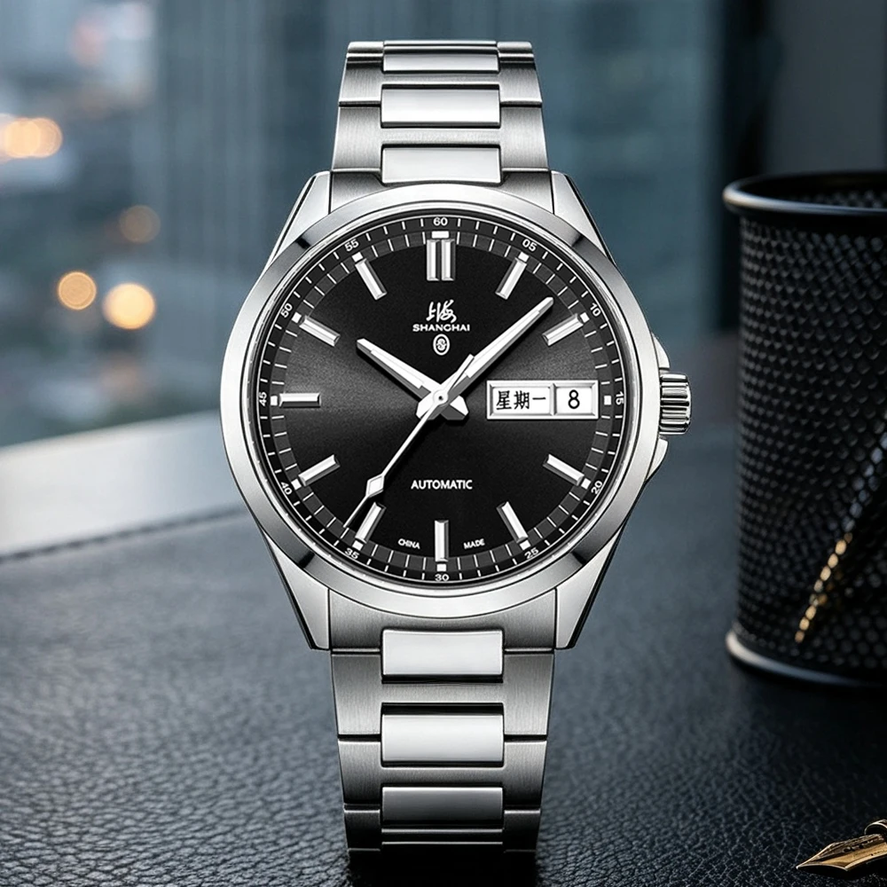 Фото Мужские автоматические механические часы Shanghai Watch 41,64 мм из нержавеющей стали 316L, водонепроницаемые, с календарем, для бизнеса и повседневной носки, SH026 №5