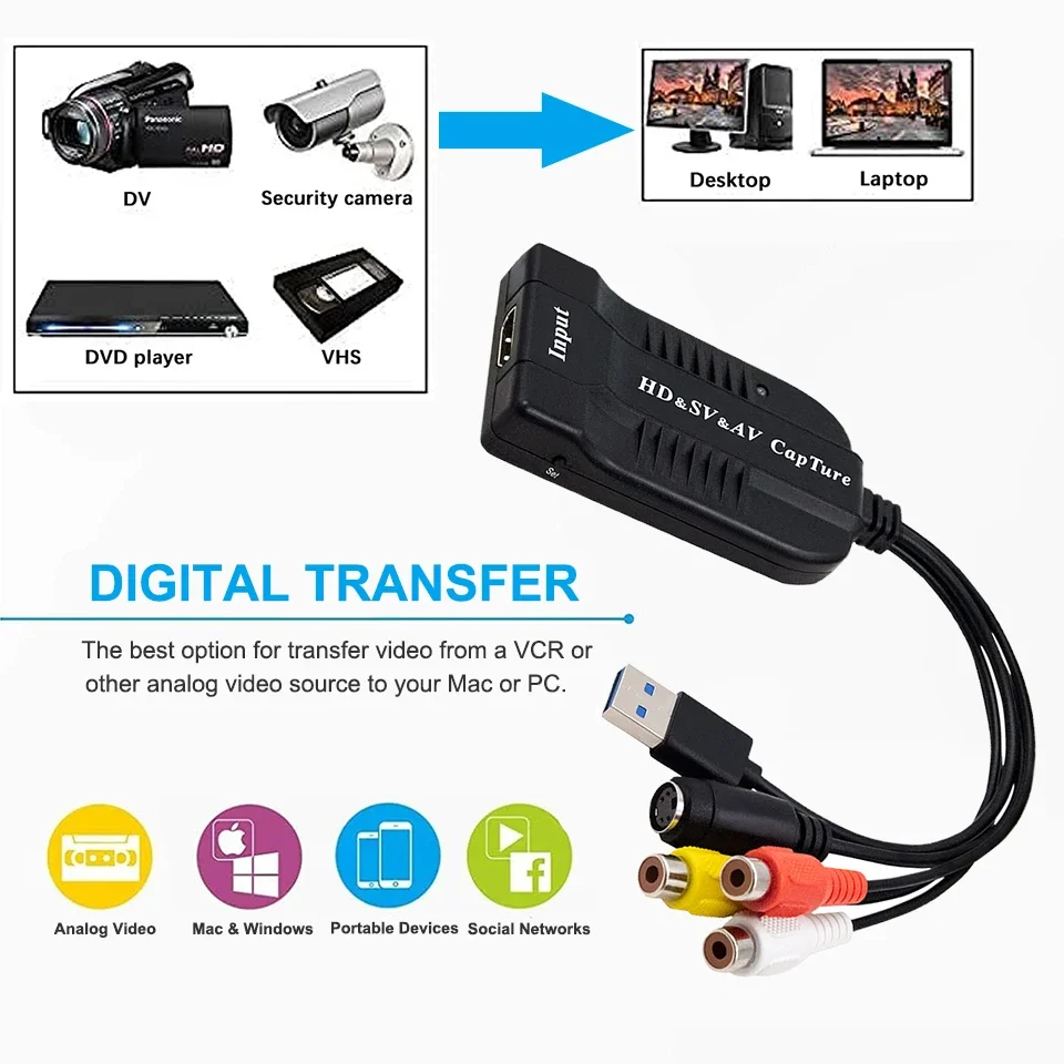 Карта видеозахвата USB2.0 HD/RCA/S-видео в USB-устройство захвата аудио-видео VHS цифровой