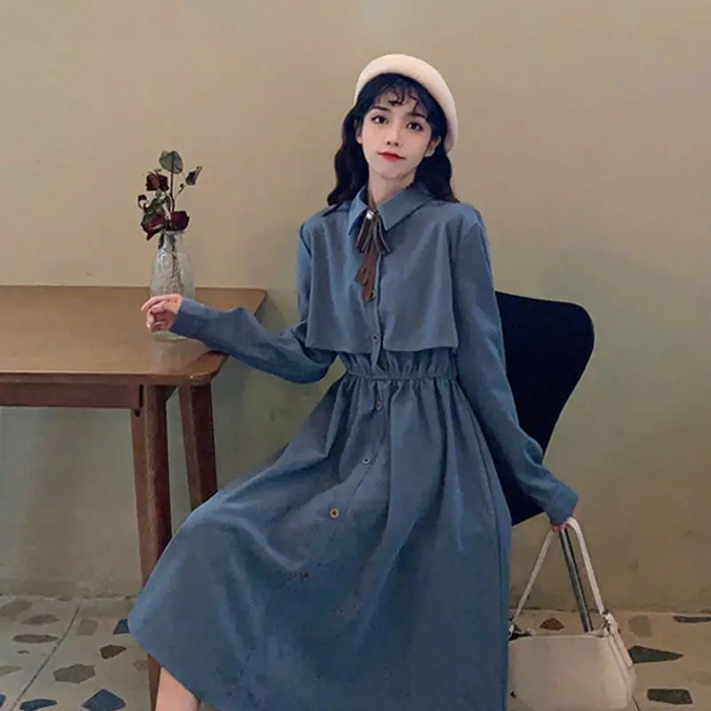 

Vestidos Vintage Japanese Style Long Sleeved Single Breasted Dress Black Blue Robe Party Long Shirt Dress Wild Casual