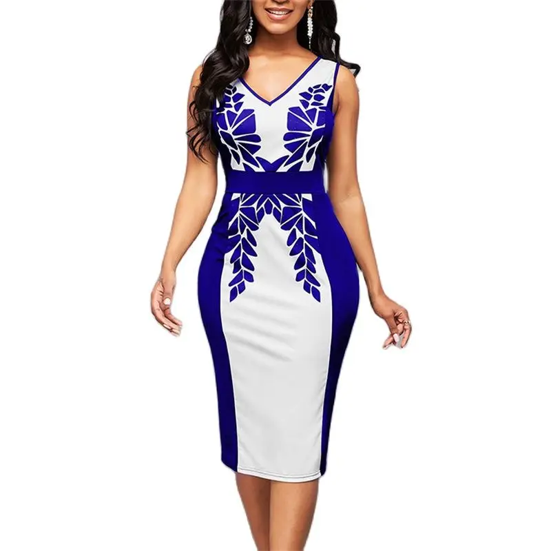 

2022 Fashion Dresses for Women's Clothing Retro V-Neck Sleeveless Skinny Summer New Sexy Patchwork Print High Waist Knee Skirt