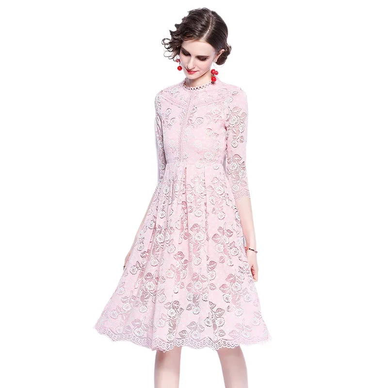 

Simgent Women Pink Lace Dress 2022 Three Quarter Sleeve A Line Elegant Knee Length Dresses Vestidos Robe Femme Jurken SG28234