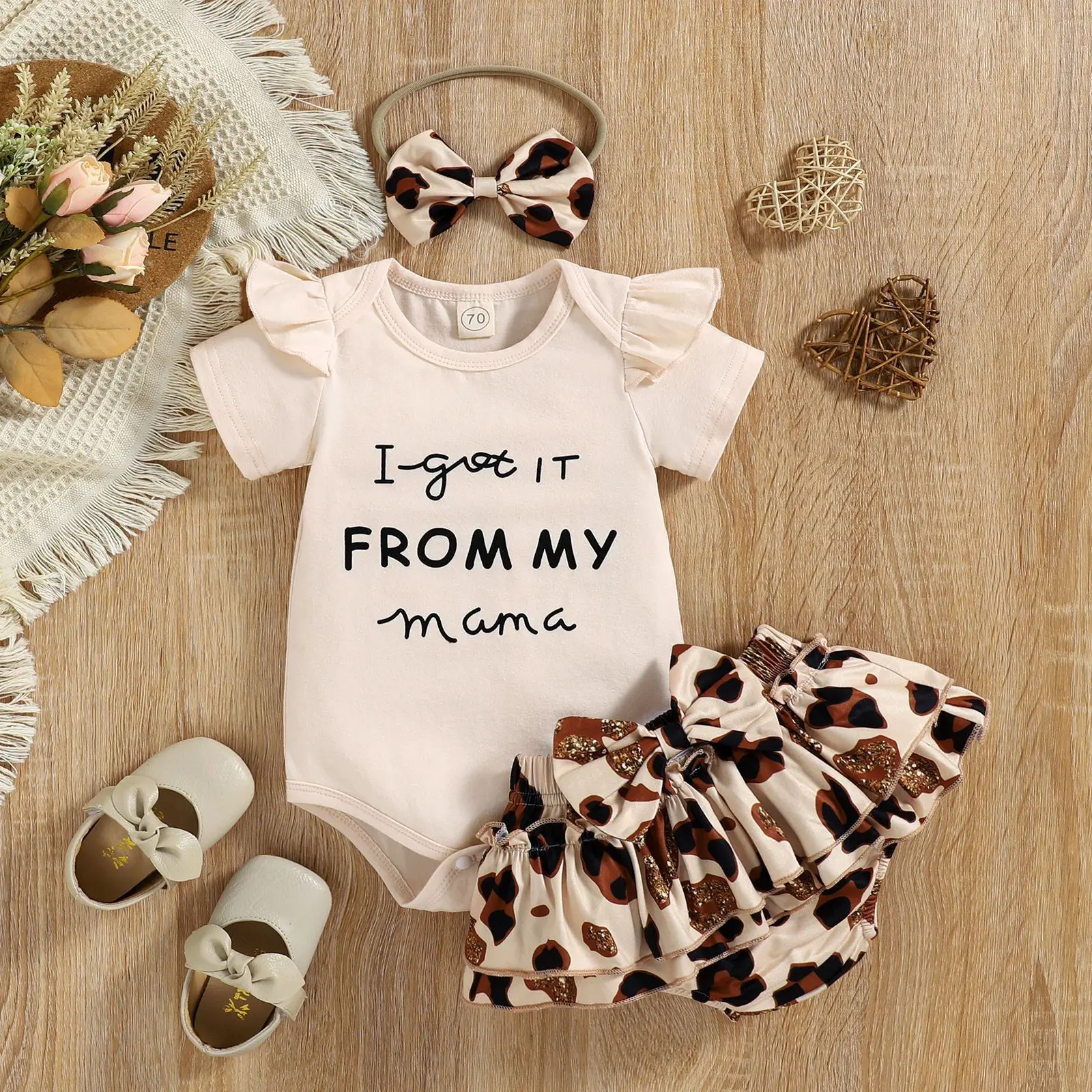 

Summer Clothing Sets Baby Girl Clothes Children Letter Bodysuit + Leopard Shorts + Head Dress 3pcs Set Toddler Casual Outfits