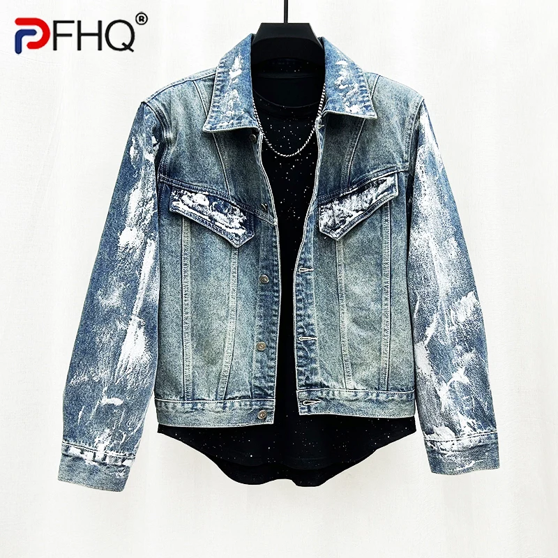 

PFHQ American Graffiti Denim Coat Men's Versatile Tide Wearproof Loose Heavy Industry Creativity Autumn Worn Out Jackets 21Z2304