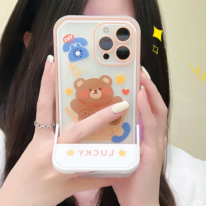 

Cartoon Bear Holder Stand Phone Case For iPhone 13 12 Pro Max X XR XS Max 7 8 Plus Invisible Bracket Transparent IPhone 11 Cover