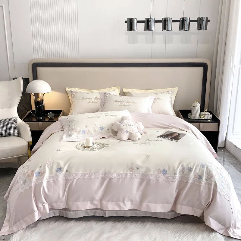 

100S Egyptian Cotton Flowers Embroidery Girl Bedding Cherry Blossoms Quilt Cover Set Bed Linen Pillow Shams Girls Bedclothes