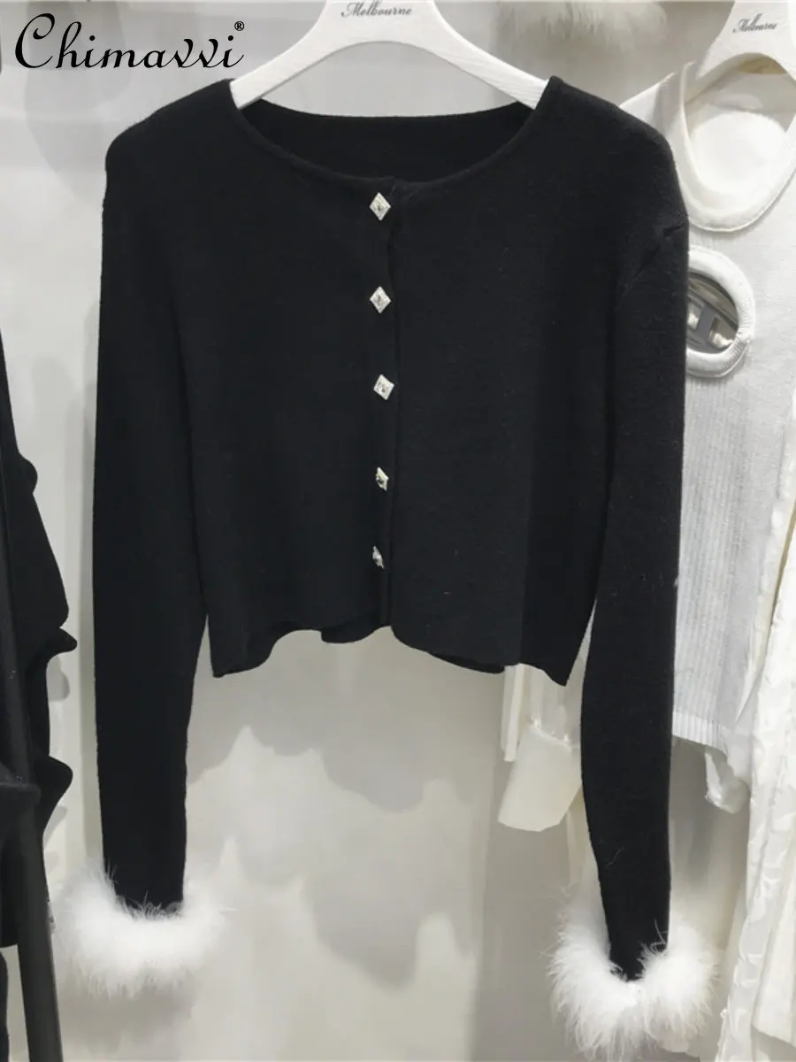 

Slim-Fit Diamond Beaded Knitted Cardigan 2022 Autumn and Winter New Fashion Long Sleeve Feather Stitching Black Sweater Coat