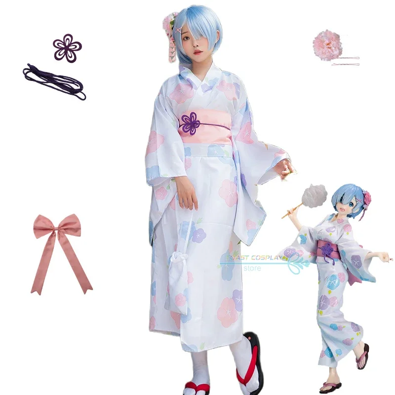 

Rem Re:Zero Cosplay Anime Re:Zero Rem Cosplay Costume Kimono Bathrobe Headdress Handbag Anime Outfits for Women