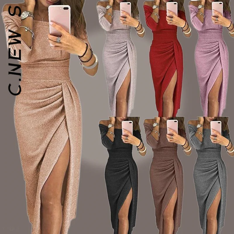

C.New S Off Shoulder High Waist Long Dress 2022 Lady Evening Party Dresses Elegant Sexy Club Vestidos Spring Women's Tunic