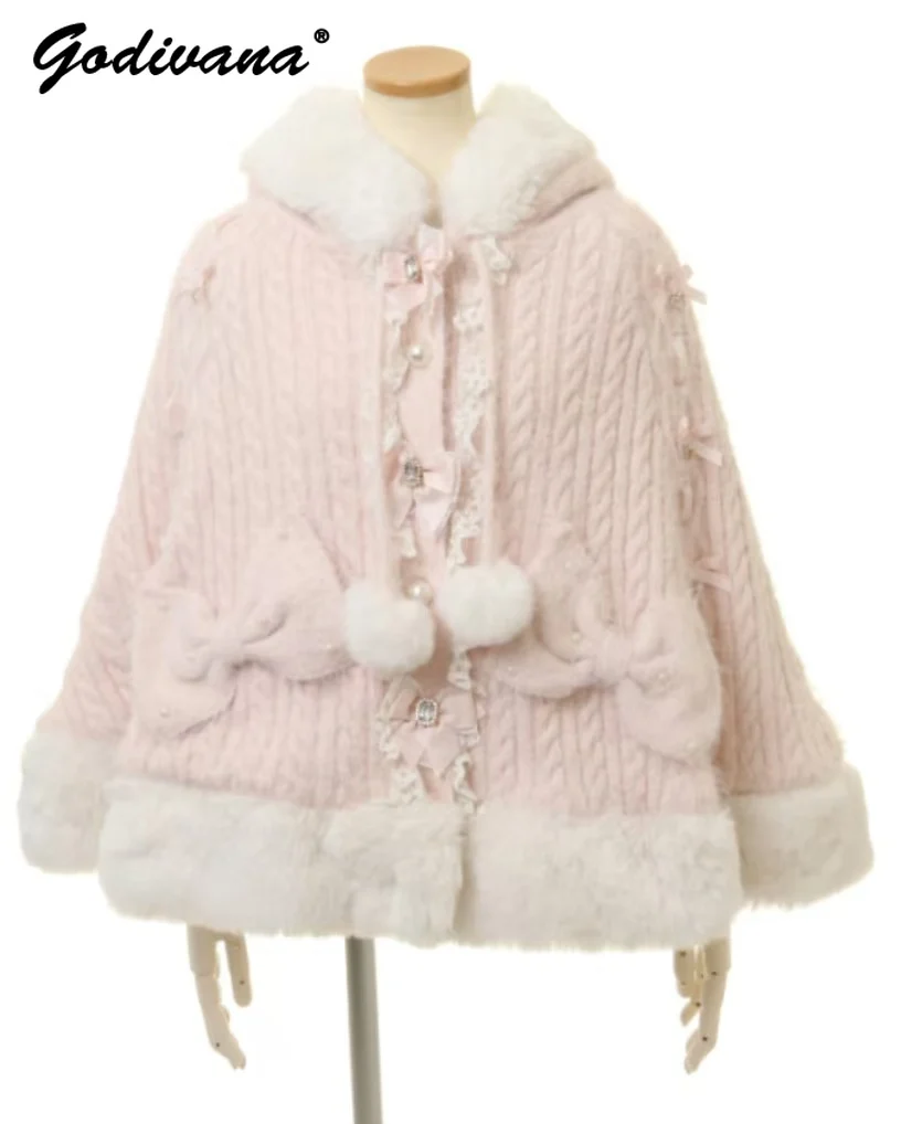 Новый осенне-зимний японский пушистый милый вязаный плащ с бантом для женщин и