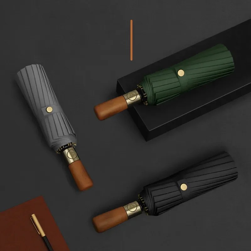 

NEW 16 Ribs Full-Automatic Log Handle Umbrella For Men Large Three-Fold Women Sunshade Luxury Business Windproof Folding Umbrell