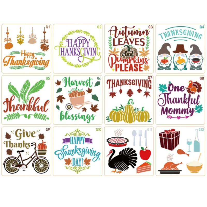 

12pcs Thanksgiving Stencil DIY Layering Wall Scrapbook Coloring Embossing Album Decorative Paper Card Painting Template Reusable